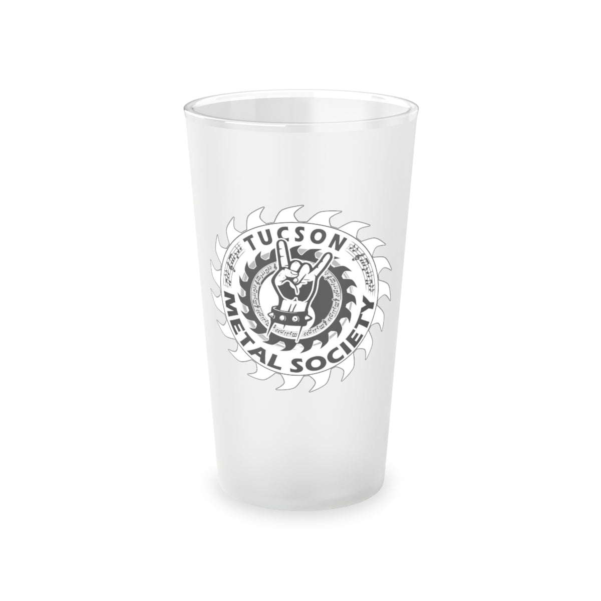 Tucson Metal Society Frosted Pint Glass, 16oz white logo