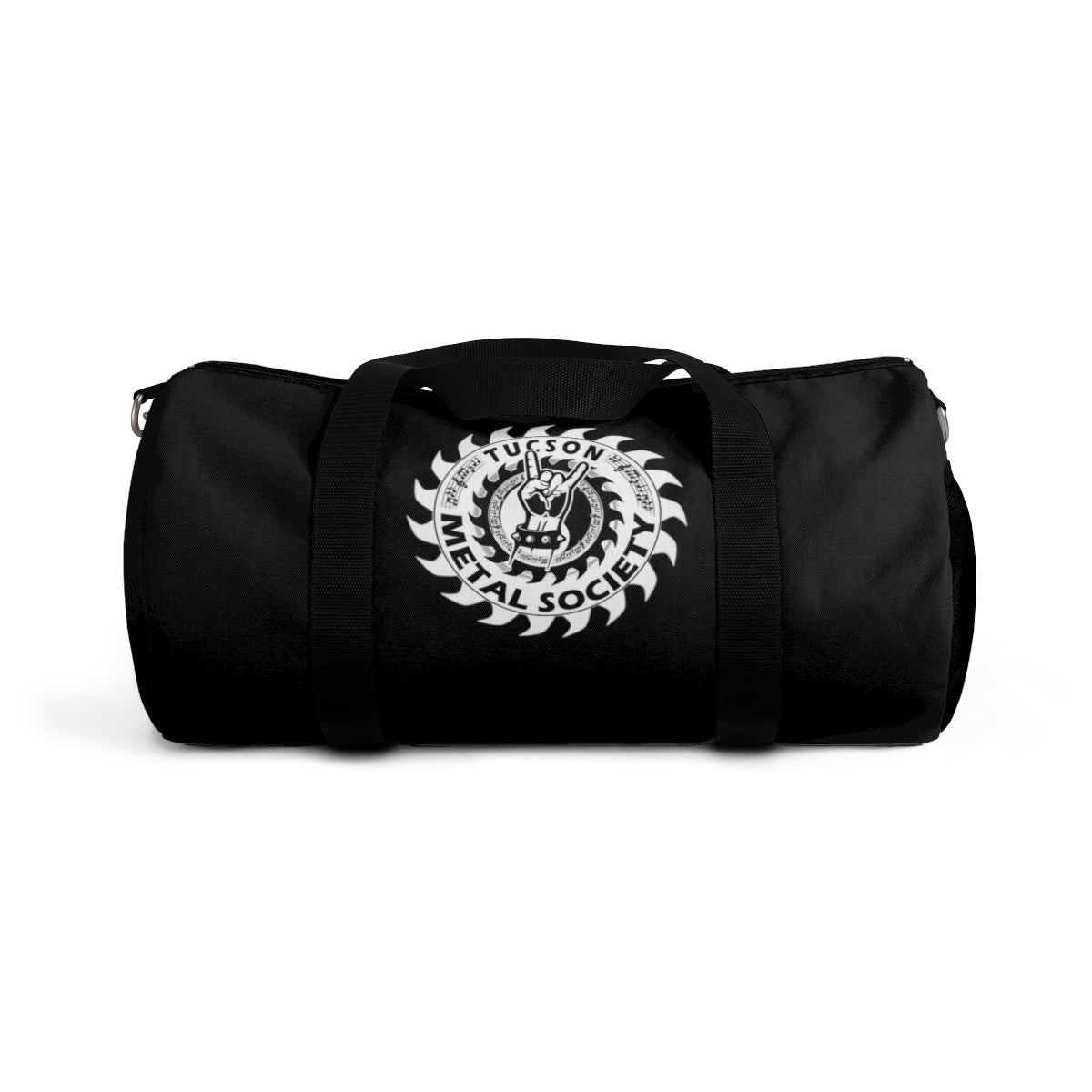 Tucson Metal Society Black Duffel Bag White logo