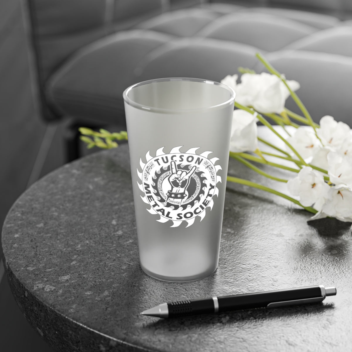 Tucson Metal Society Frosted Pint Glass, 16oz white logo