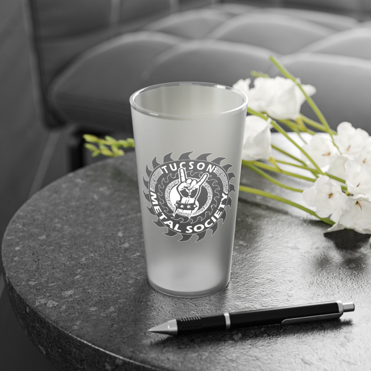 Tucson Metal Society Frosted Pint Glass, 16oz Black logo