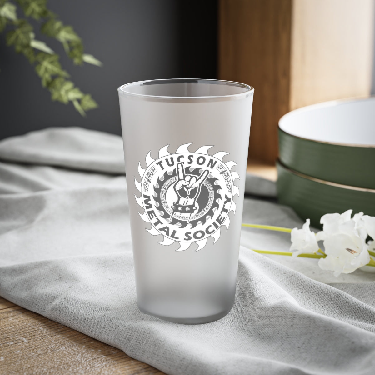 Tucson Metal Society Frosted Pint Glass, 16oz white logo