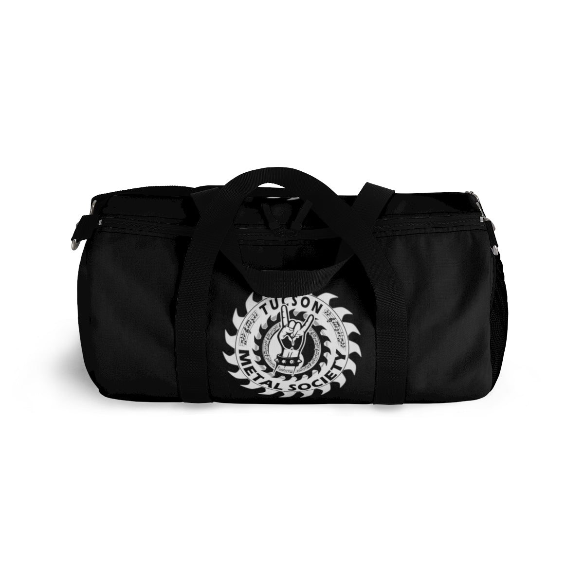 Tucson Metal Society Black Duffel Bag White logo