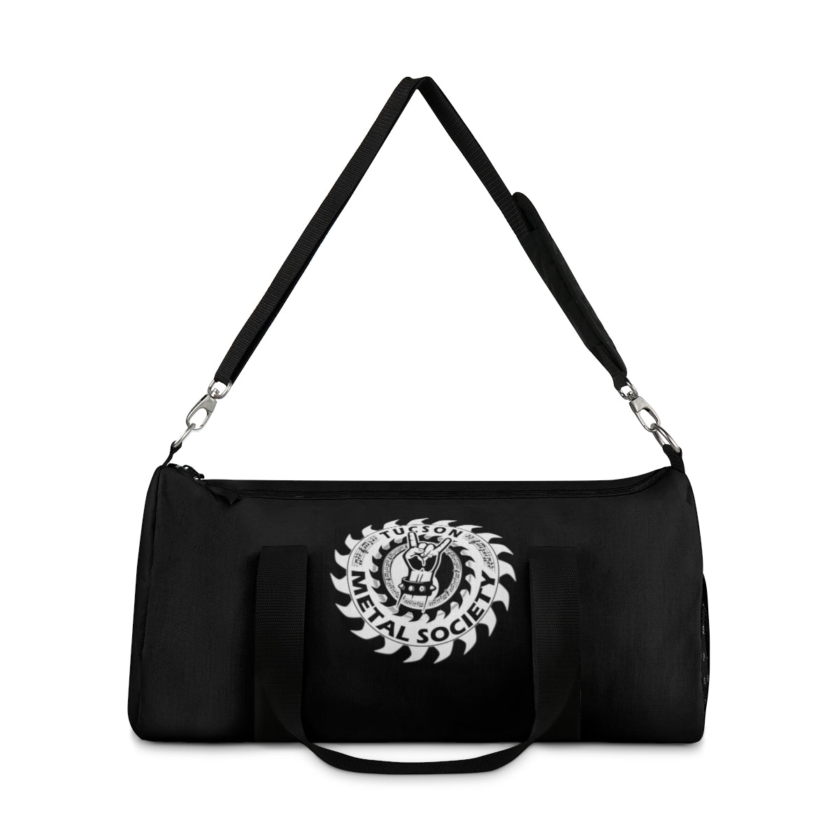 Tucson Metal Society Black Duffel Bag White logo